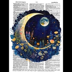 Moon Earth Starry Sky Landscape Nature Flower Vintage Dictionary Art Print